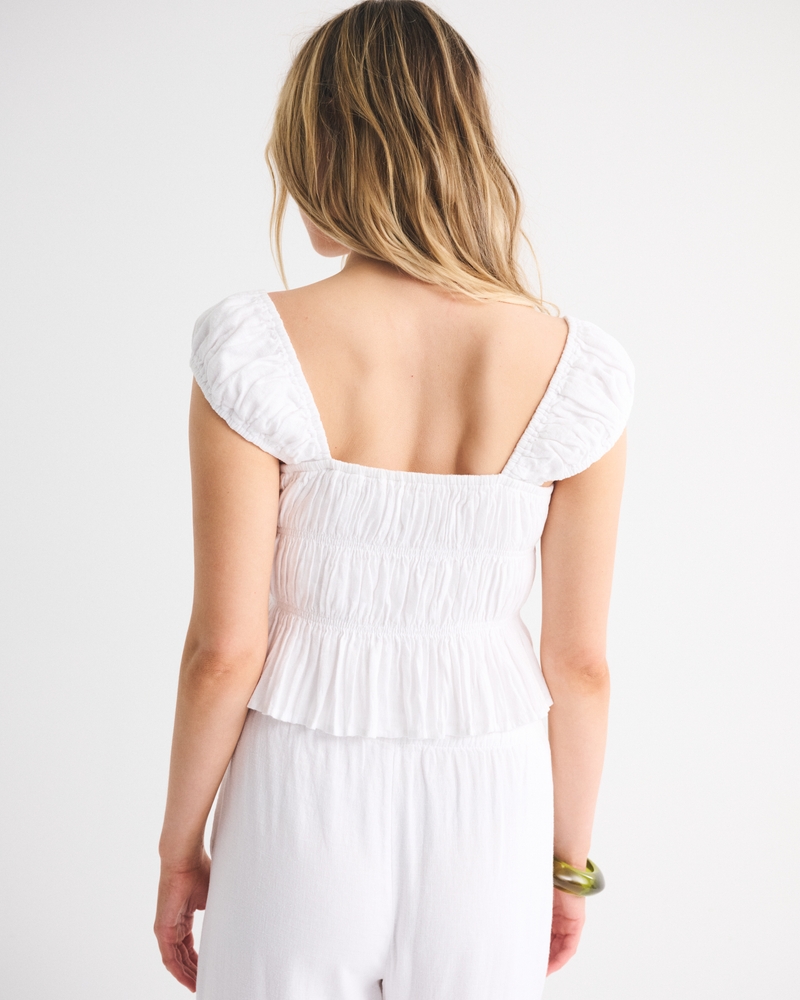 Linen-Blend Smocked Top