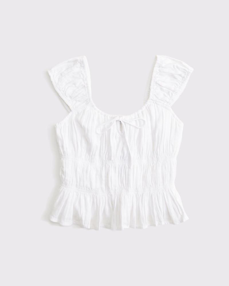 Linen-Blend Smocked Top