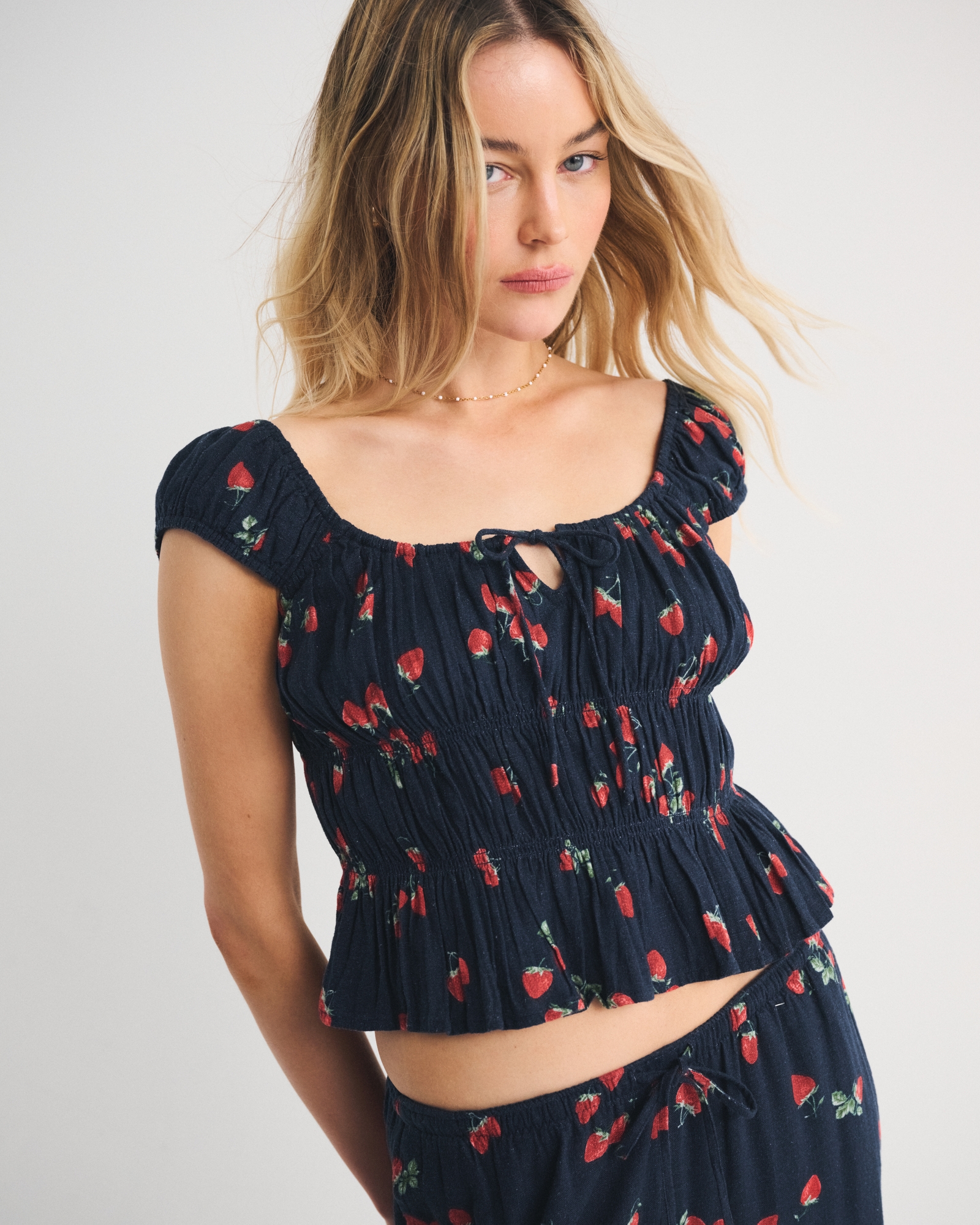 Linen-Blend Smocked Top