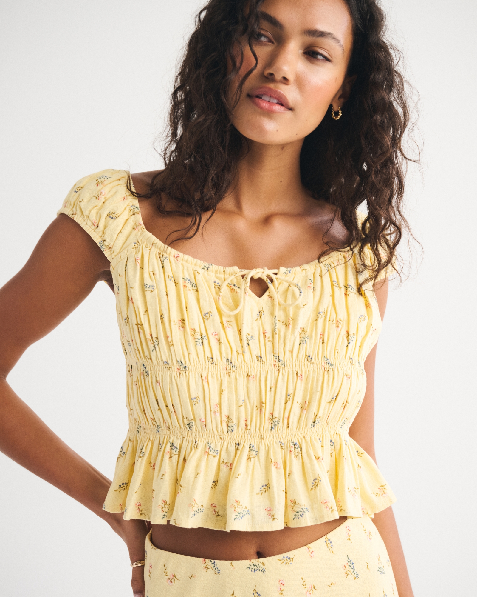 Linen-Blend Smocked Top