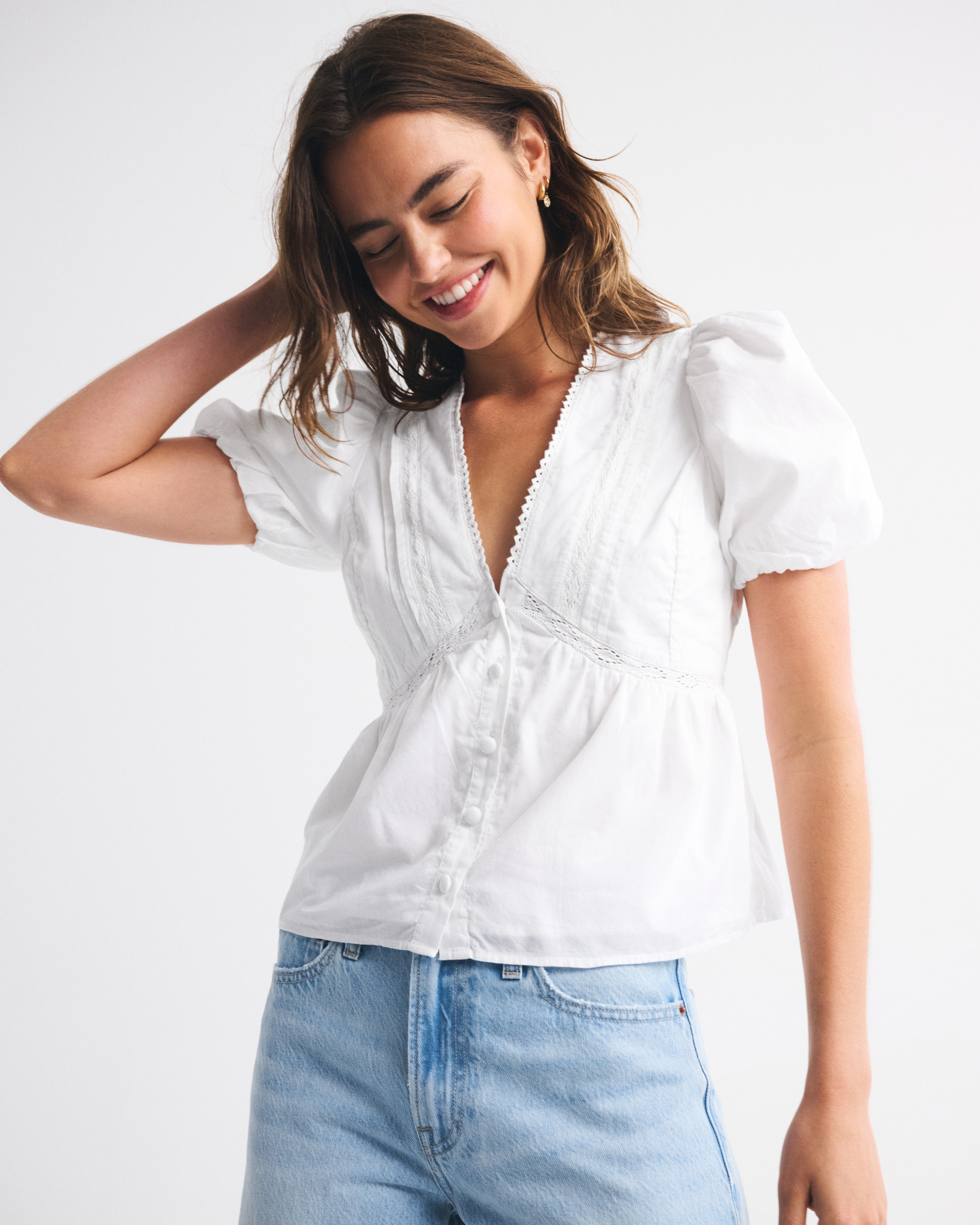 Abercrombie & Fitch Puff Sleeve Button-through Top In White
