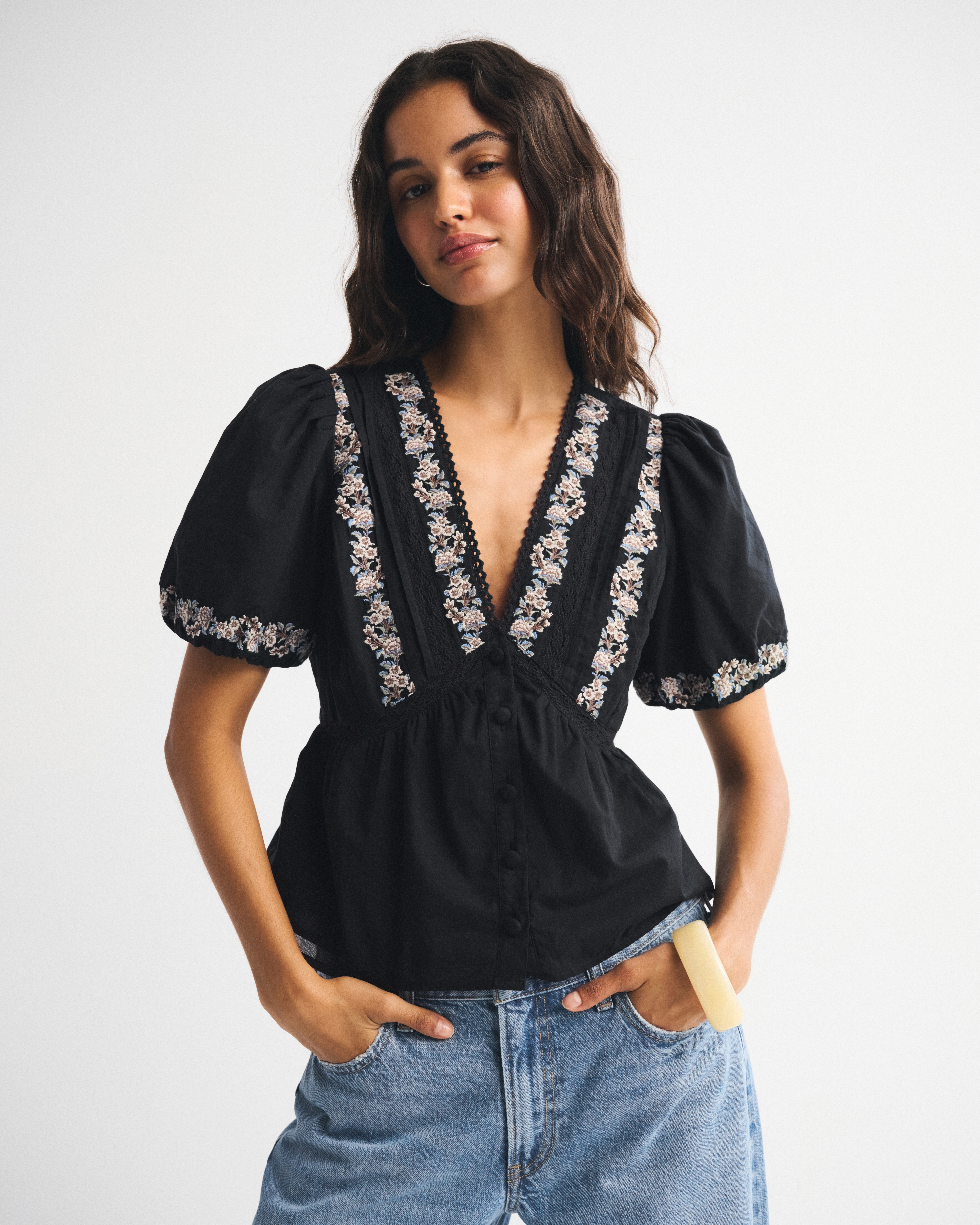 Abercrombie & Fitch Puff Sleeve Button-through Top In Black