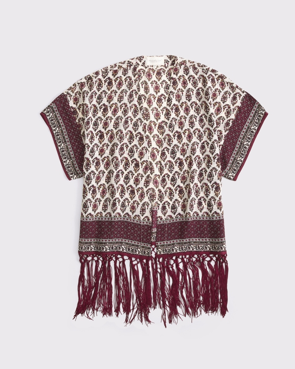Embroidered Fringe Kimono, Red Wine Pattern view 1