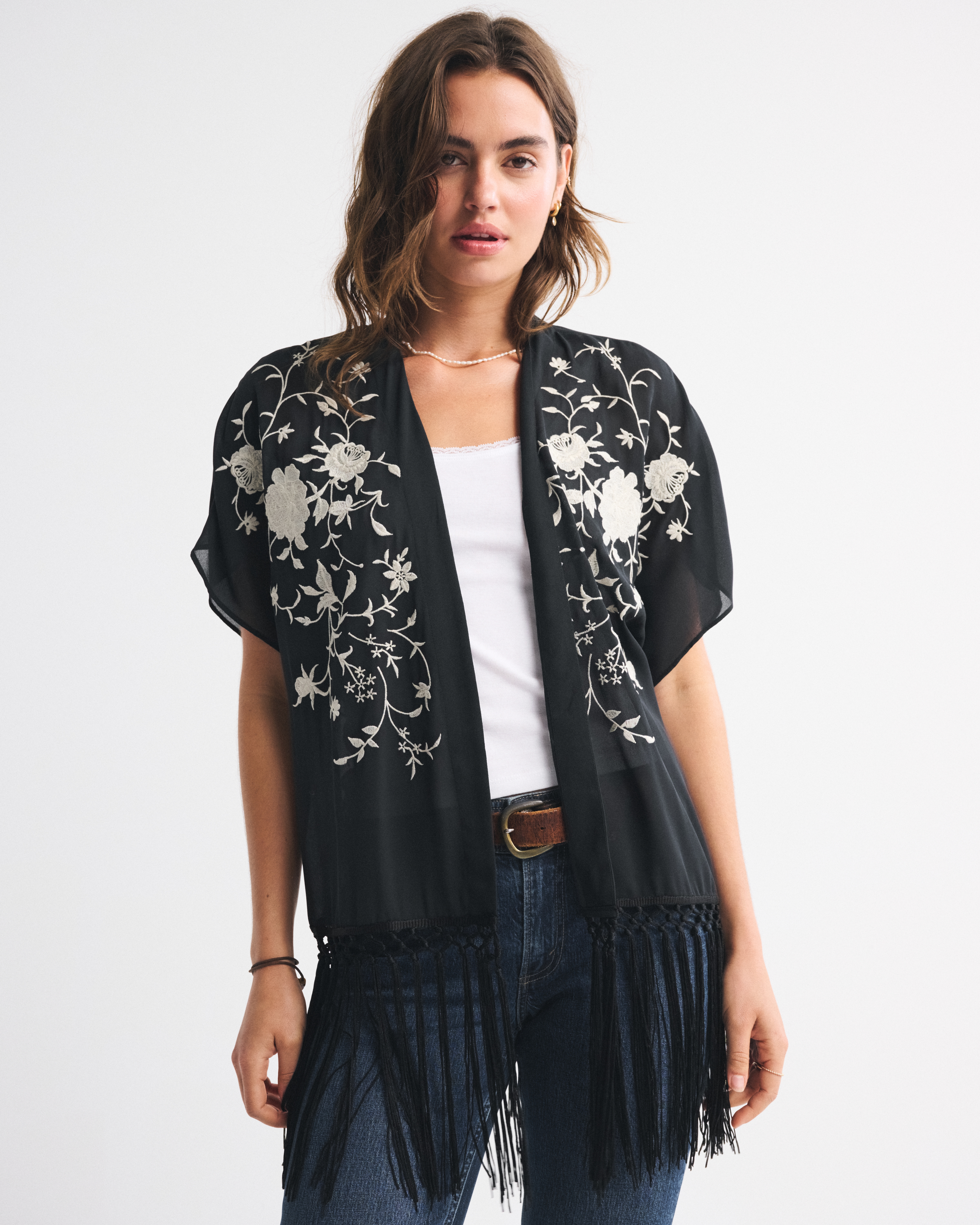 Abercrombie & Fitch Embroidered Fringe Shawl In Gray