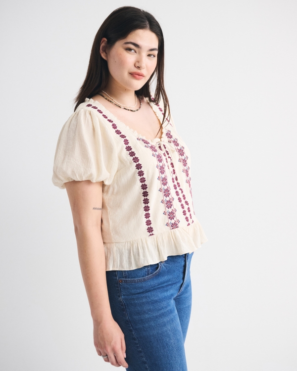 Embroidered Peplum Puff Sleeve Top