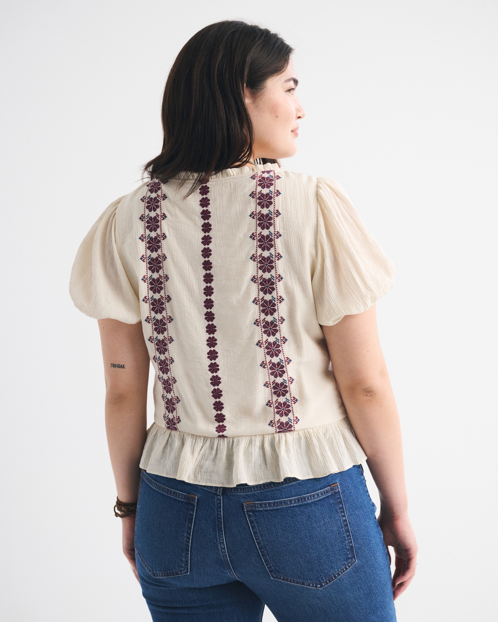 Embroidered Peplum Puff Sleeve Top
