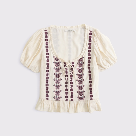 Женские топы Abercrombie & Fitch Embroidered Peplum Puff Sleeve Top