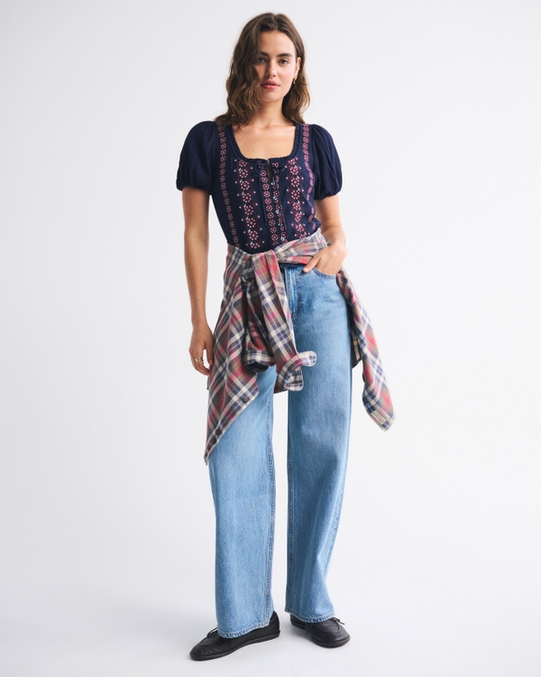 Embroidered Peplum Puff Sleeve Top