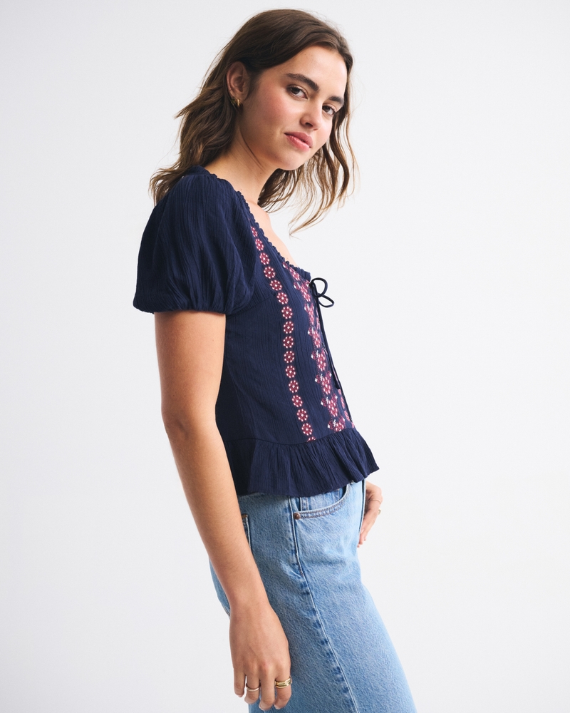 Women's Embroidered Peplum Puff Sleeve Top | Women's Tops