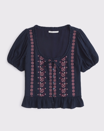 Embroidered Peplum Puff Sleeve Top