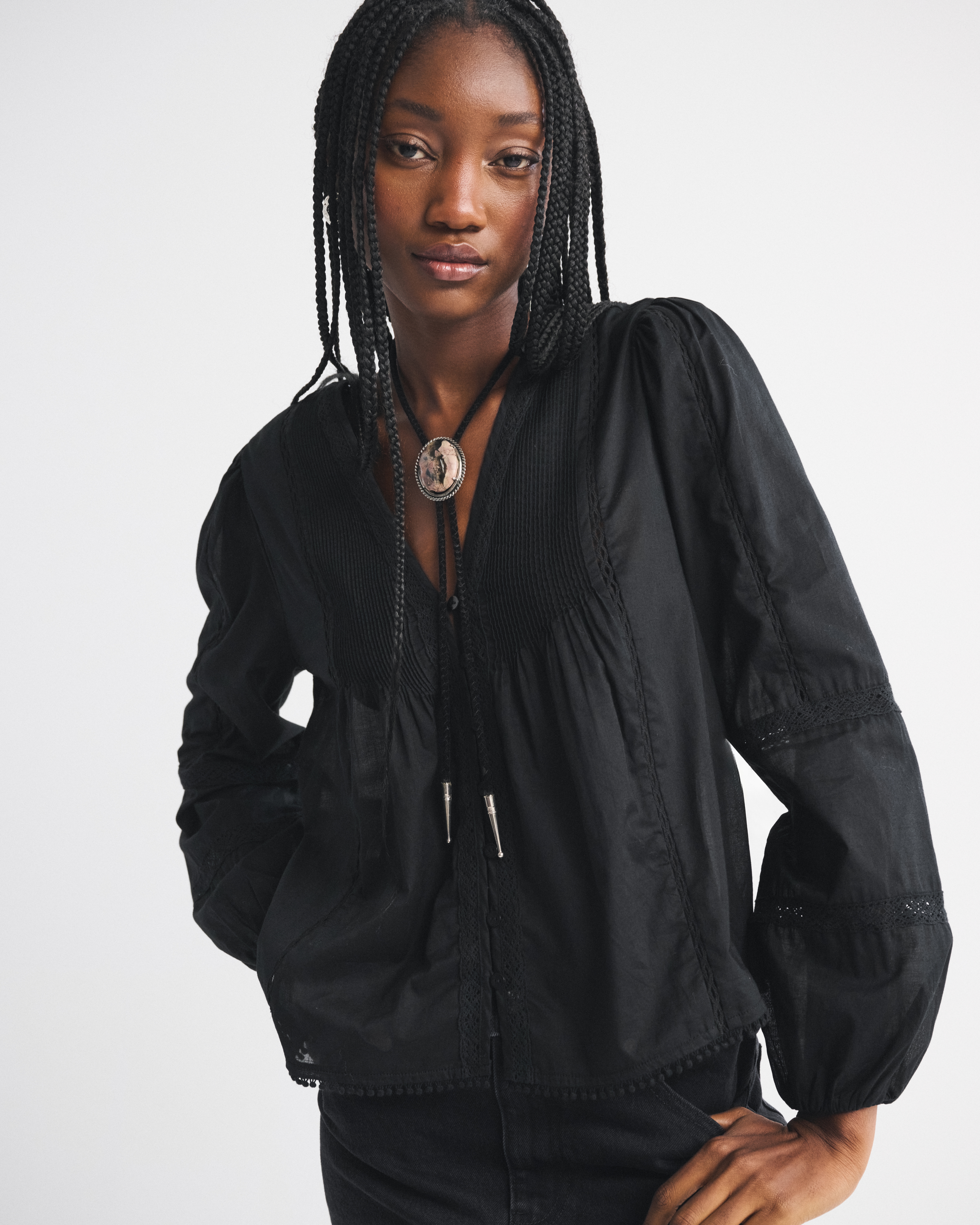 Abercrombie & Fitch Lace-trim Button-through Blouse In Black