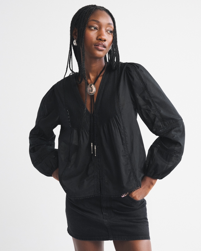 Lace-Trim Button-Through Blouse