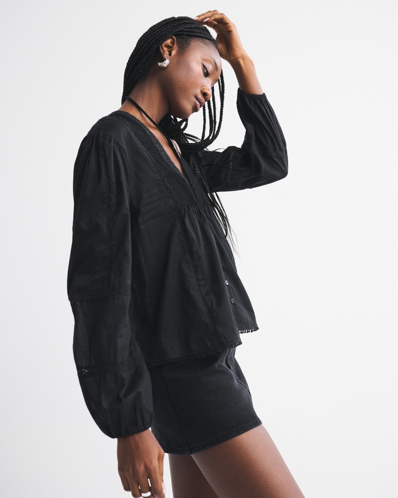 Lace-Trim Button-Through Blouse