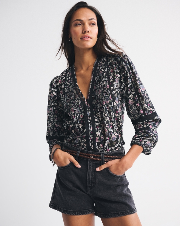Lace-Trim Button-Through Blouse