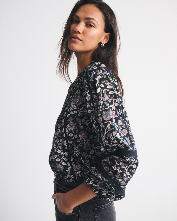 Lace-Trim Button-Through Blouse