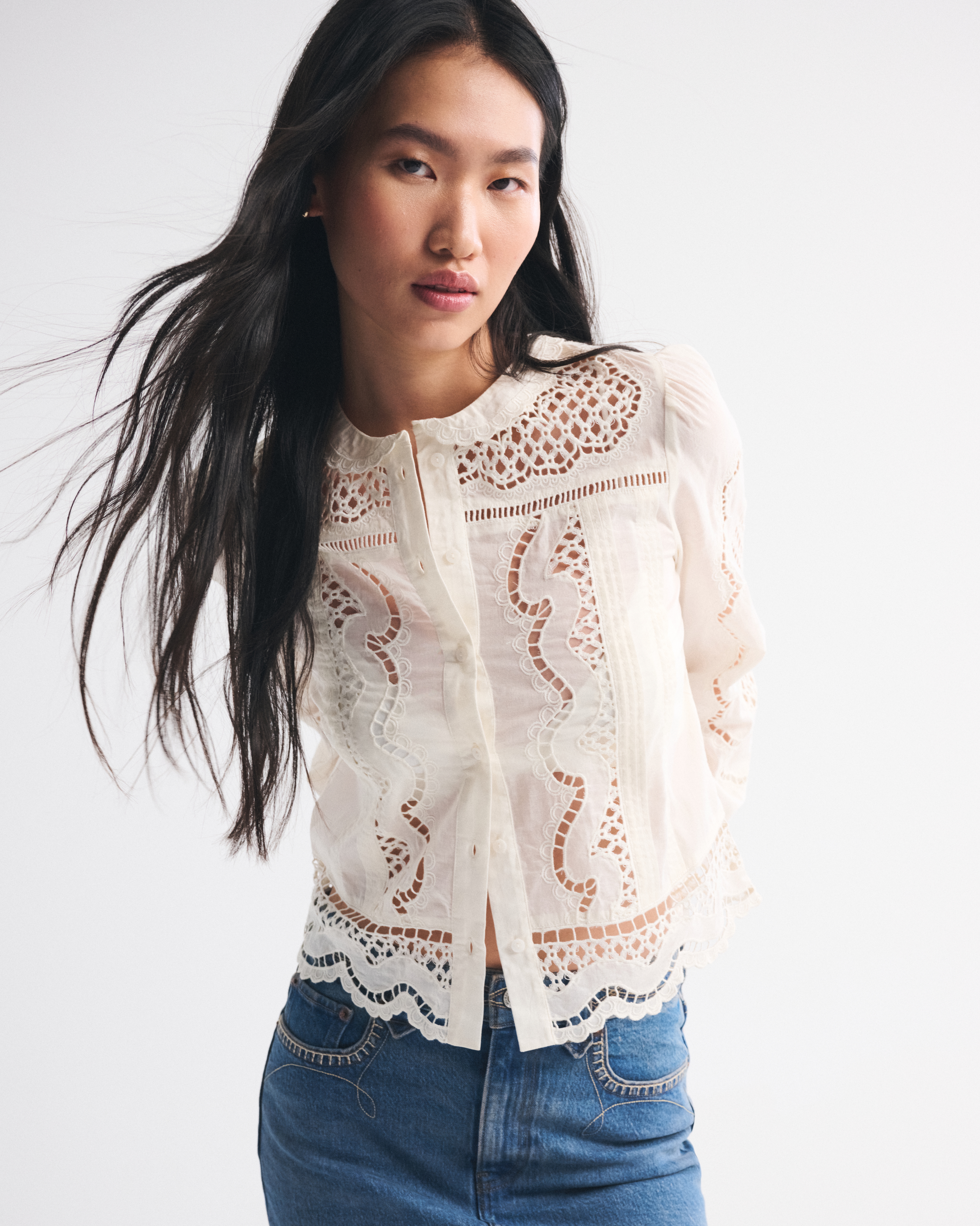 Abercrombie & Fitch Long-sleeve Eyelet Lace-trim Top In White