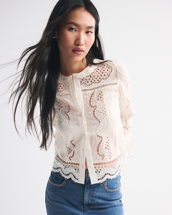 Long-Sleeve Eyelet Lace-Trim Top
