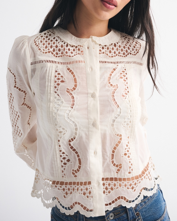 Long-Sleeve Eyelet Lace-Trim Top