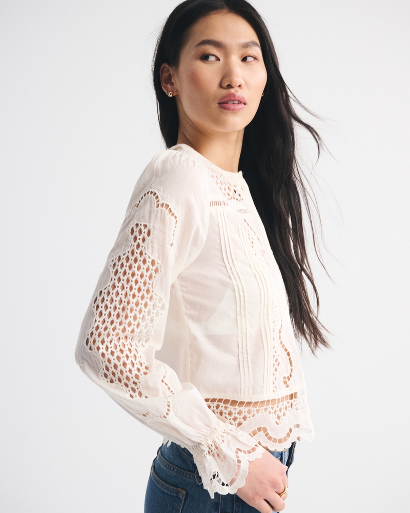 Long-Sleeve Eyelet Lace-Trim Top - thumbnail 6