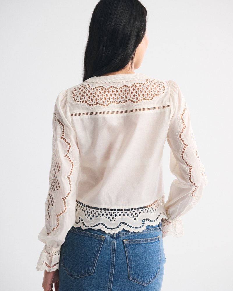 Long-Sleeve Eyelet Lace-Trim Top - thumbnail 7