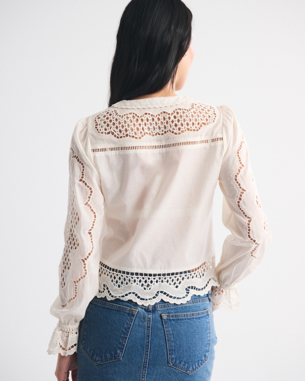 Women's Long-Sleeve Eyelet Lace-Trim Top | Women's Tops
