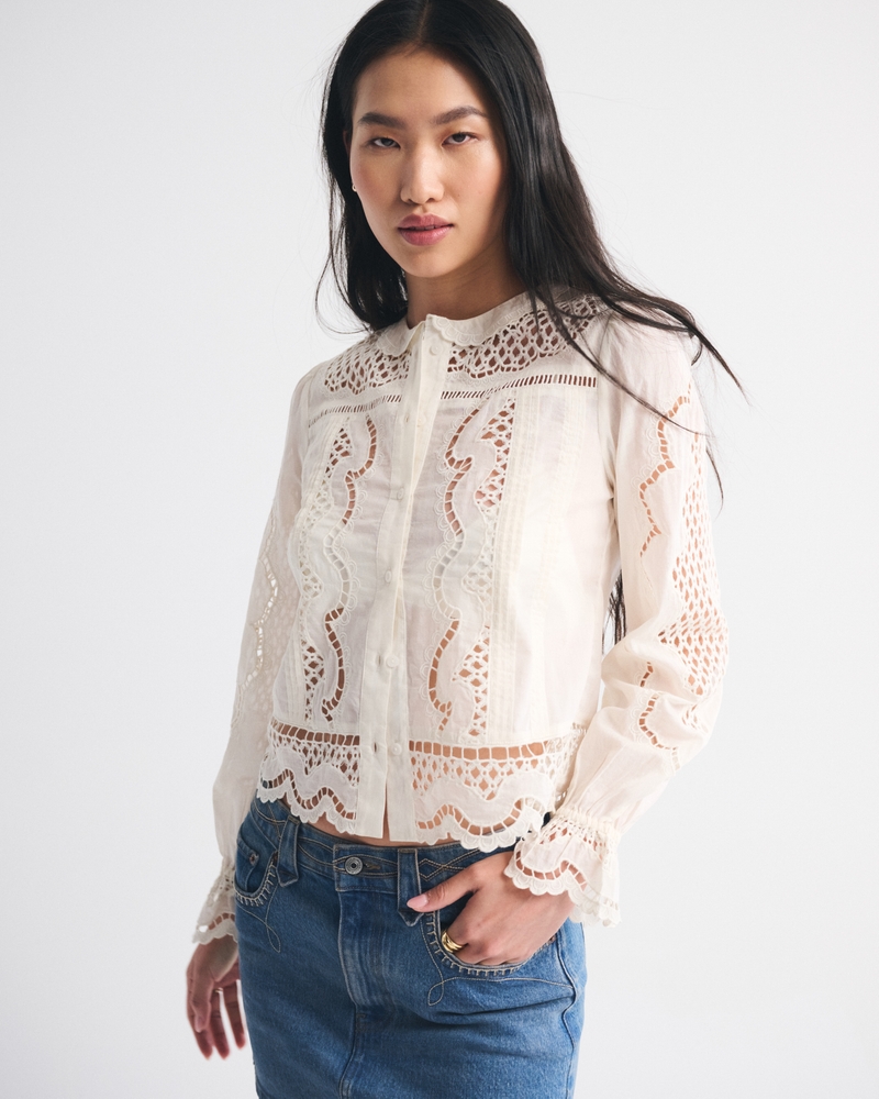 Long-Sleeve Eyelet Lace-Trim Top - thumbnail 8