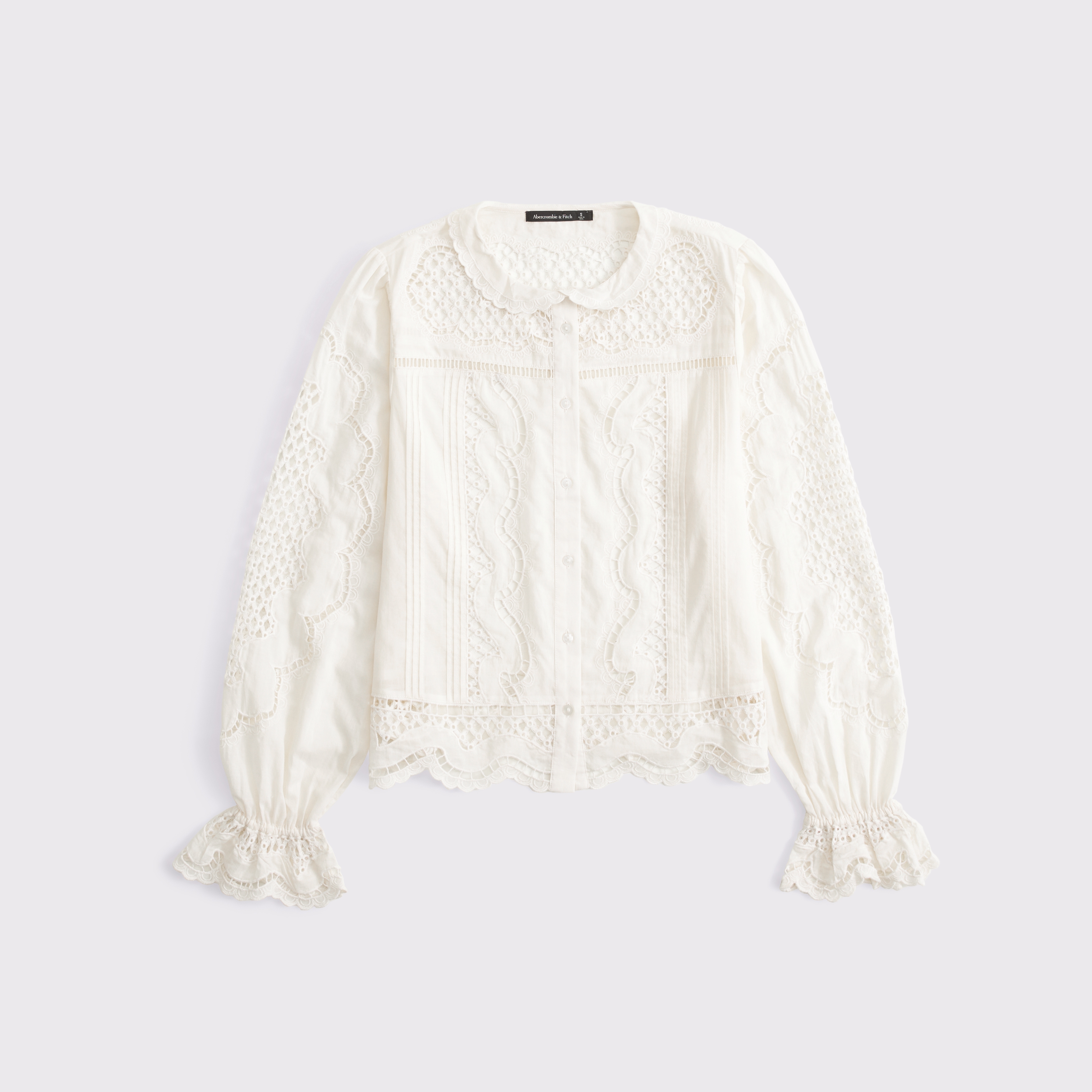 Женский топ Abercrombie & Fitch Long-Sleeve Eyelet Lace-Trim Top, цвет: Кремовый — фото 1
