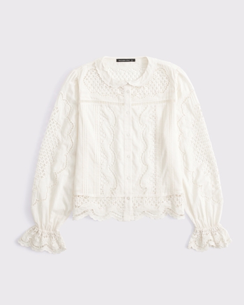 Long-Sleeve Eyelet Lace-Trim Top