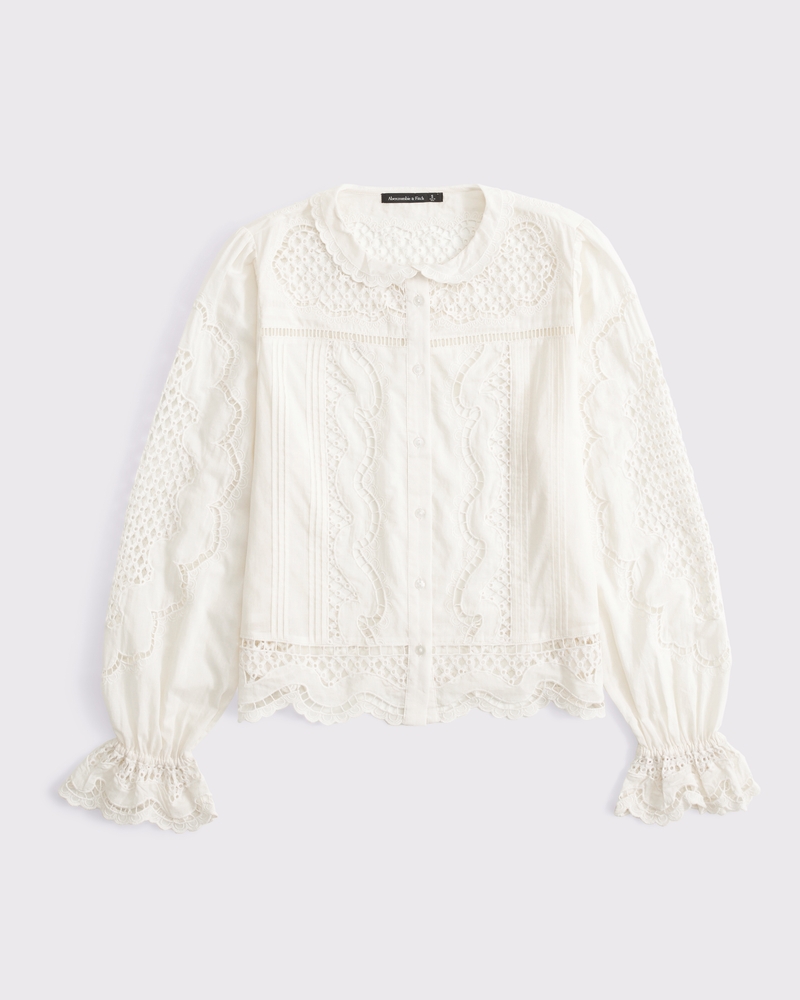 Long-Sleeve Eyelet Lace-Trim Top