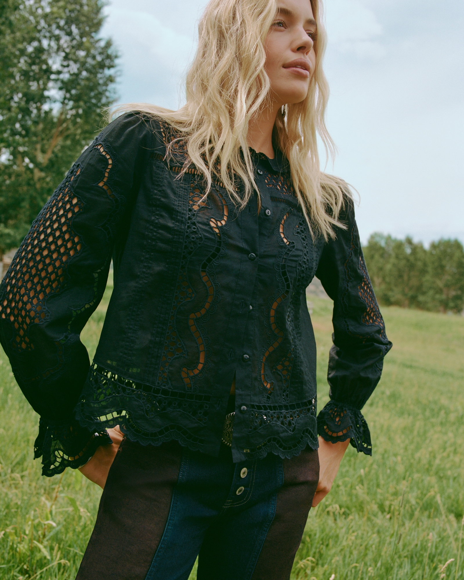 Long-Sleeve Eyelet Lace-Trim Top