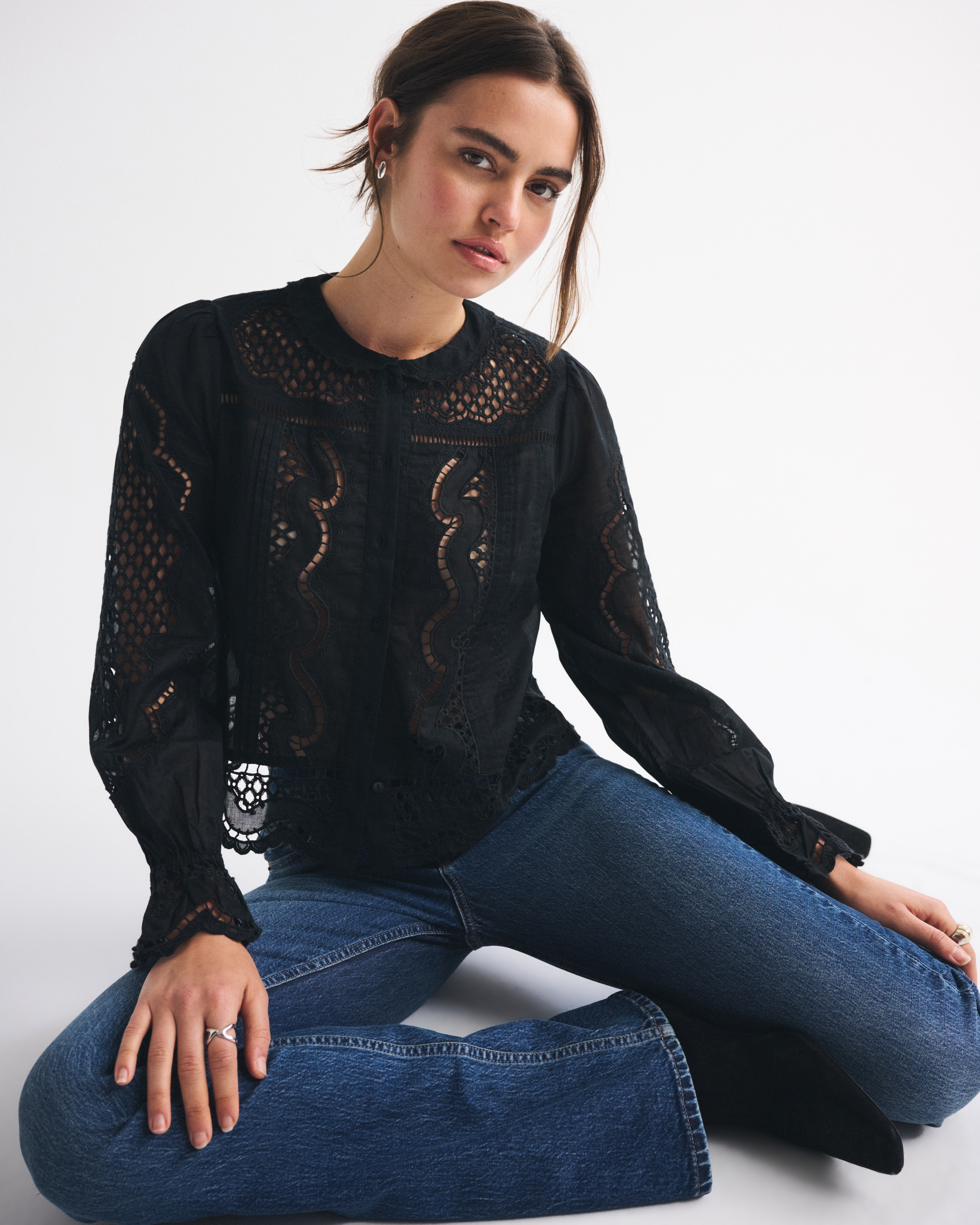 Abercrombie & Fitch Long-sleeve Eyelet Lace-trim Top In Black