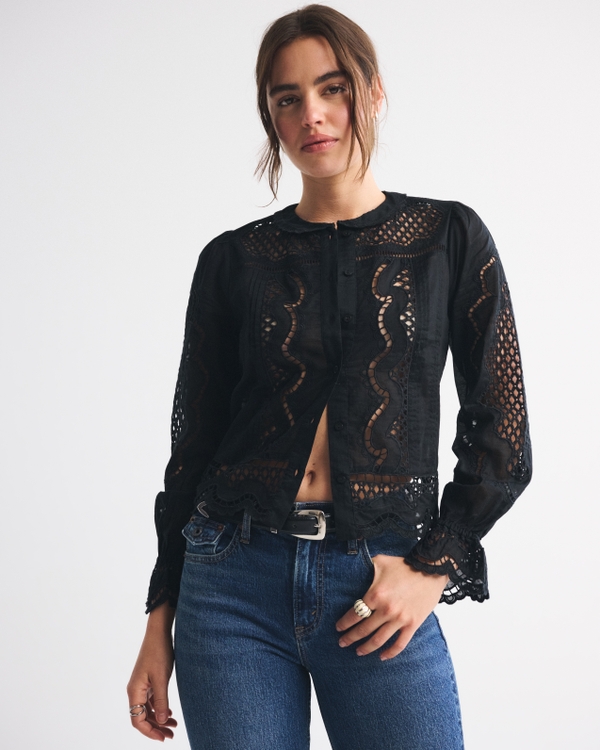 Long-Sleeve Eyelet Lace-Trim Top