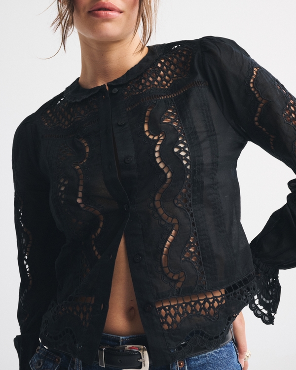 Long-Sleeve Eyelet Lace-Trim Top