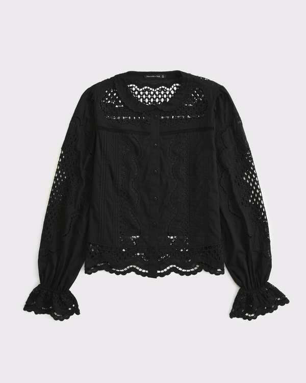 Long-Sleeve Eyelet Lace-Trim Top, Black view 2