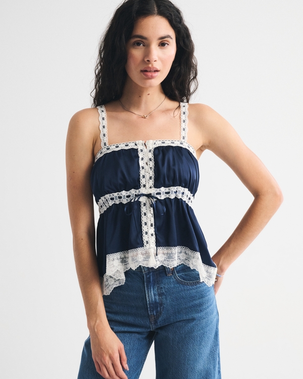 Lace-Trim Button-Through Cami, Dark Indigo view 1