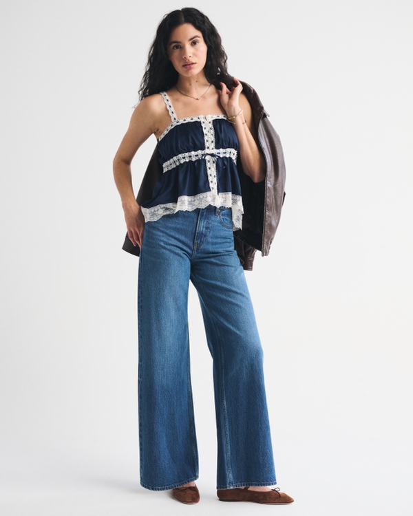 Lace-Trim Button-Through Cami, Dark Indigo view 2