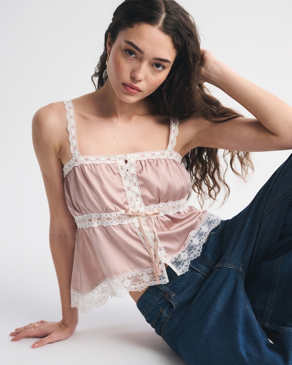 Lace-Trim Button-Through Cami, Pink view 1