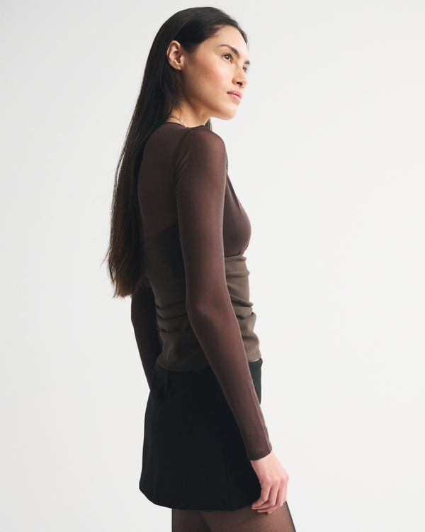 Bra-Free Long-Sleeve Mesh Plunge Top