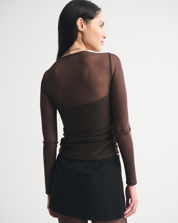 Bra-Free Long-Sleeve Mesh Plunge Top