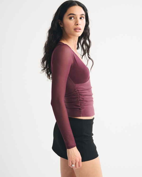 Bra-Free Long-Sleeve Mesh Plunge Top
