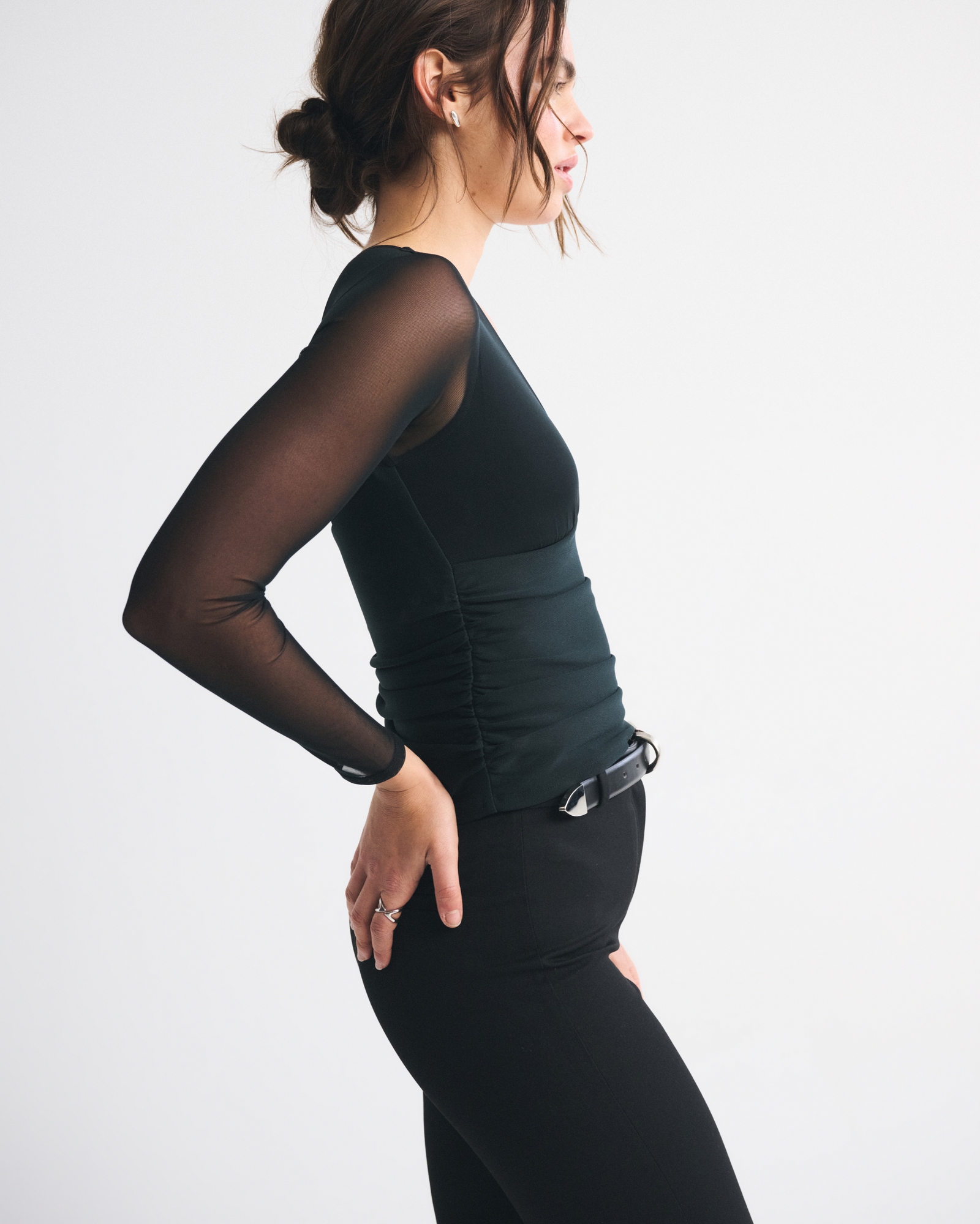 Bra-Free Long-Sleeve Mesh Plunge Top