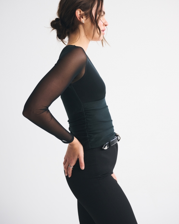 Bra-Free Long-Sleeve Mesh Plunge Top
