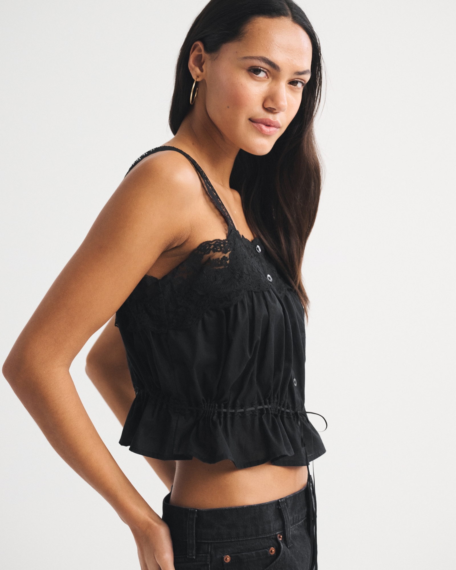 Lace-Trim Button-Through Cinched Cami