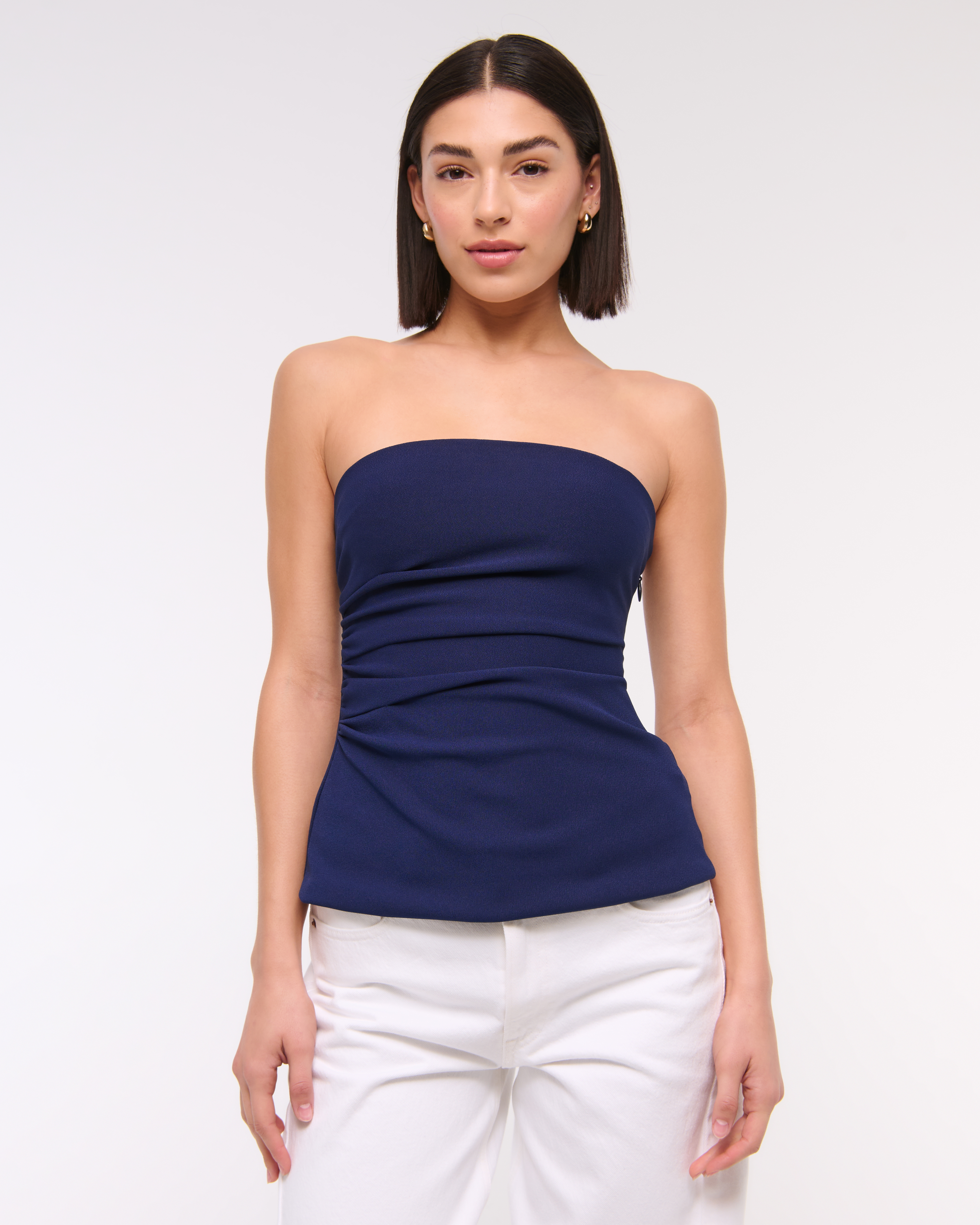 Abercrombie & Fitch Strapless Side Ruched Top In Blue