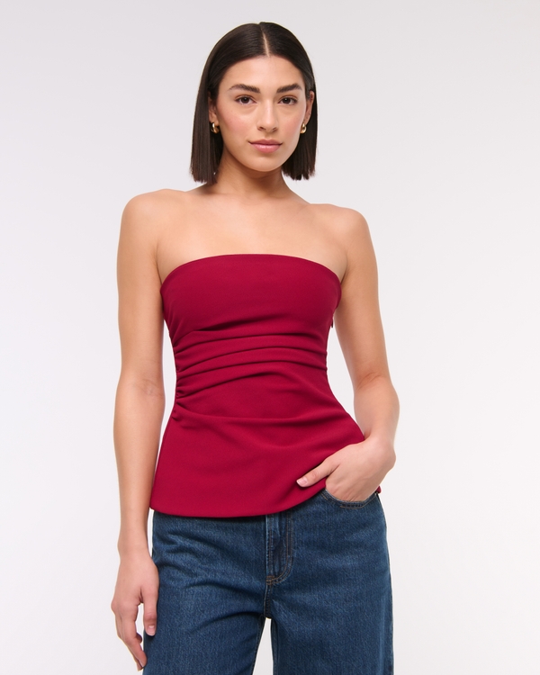 Strapless Side Ruched Top, Red view 1