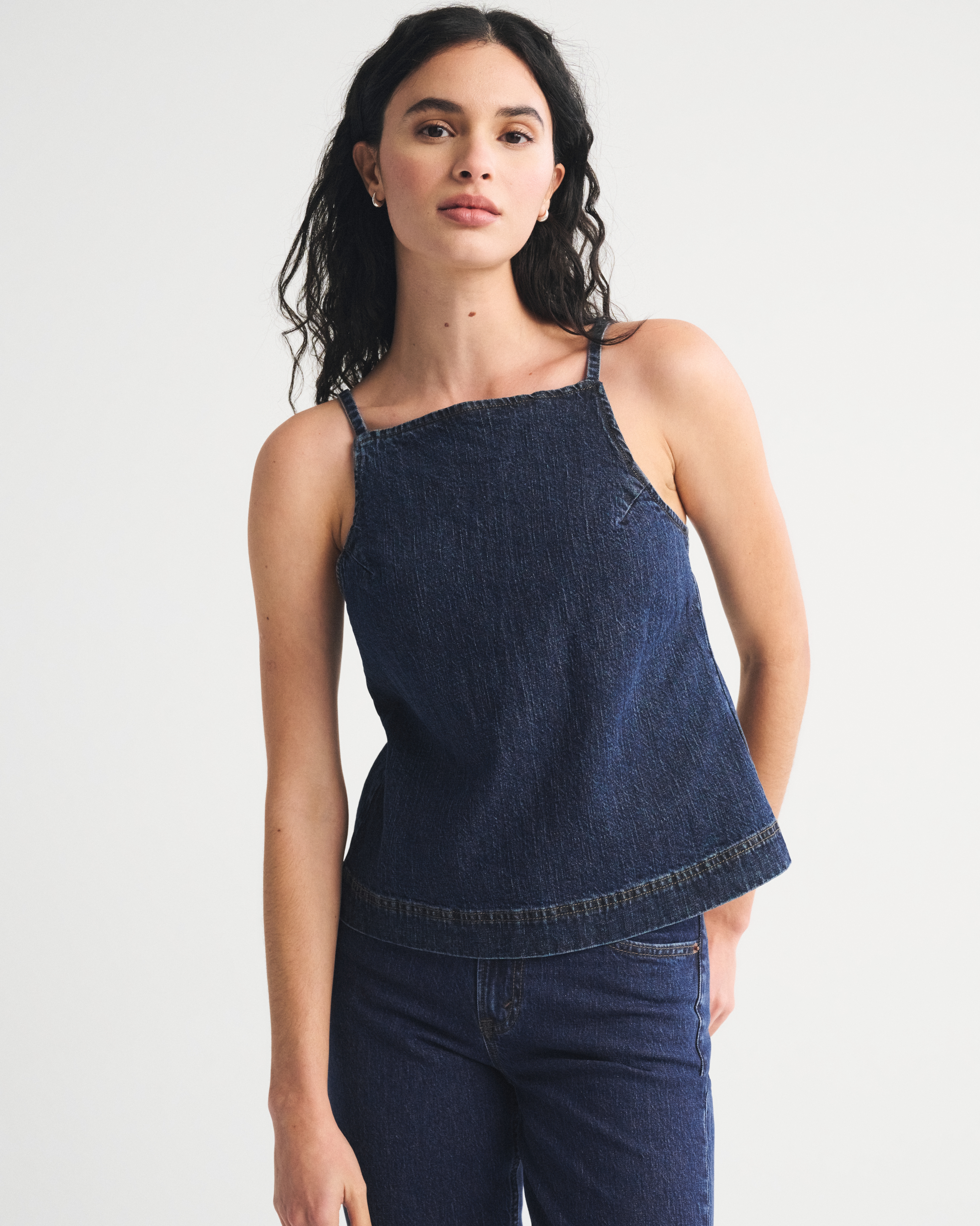 Abercrombie & Fitch Bra-free Linen-blend Denim Apron Top In Blue