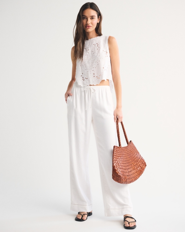 Linen-Blend Embroidered Tie-Back Shell Top