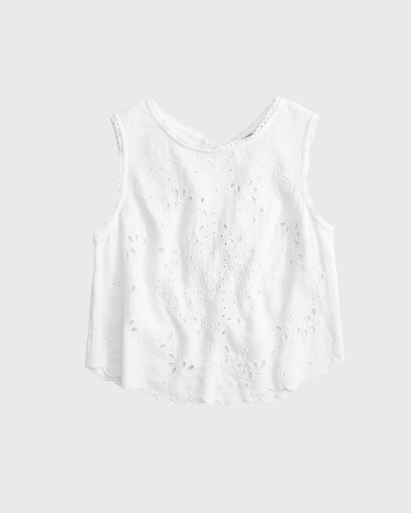 Linen-Blend Embroidered Tie-Back Shell Top