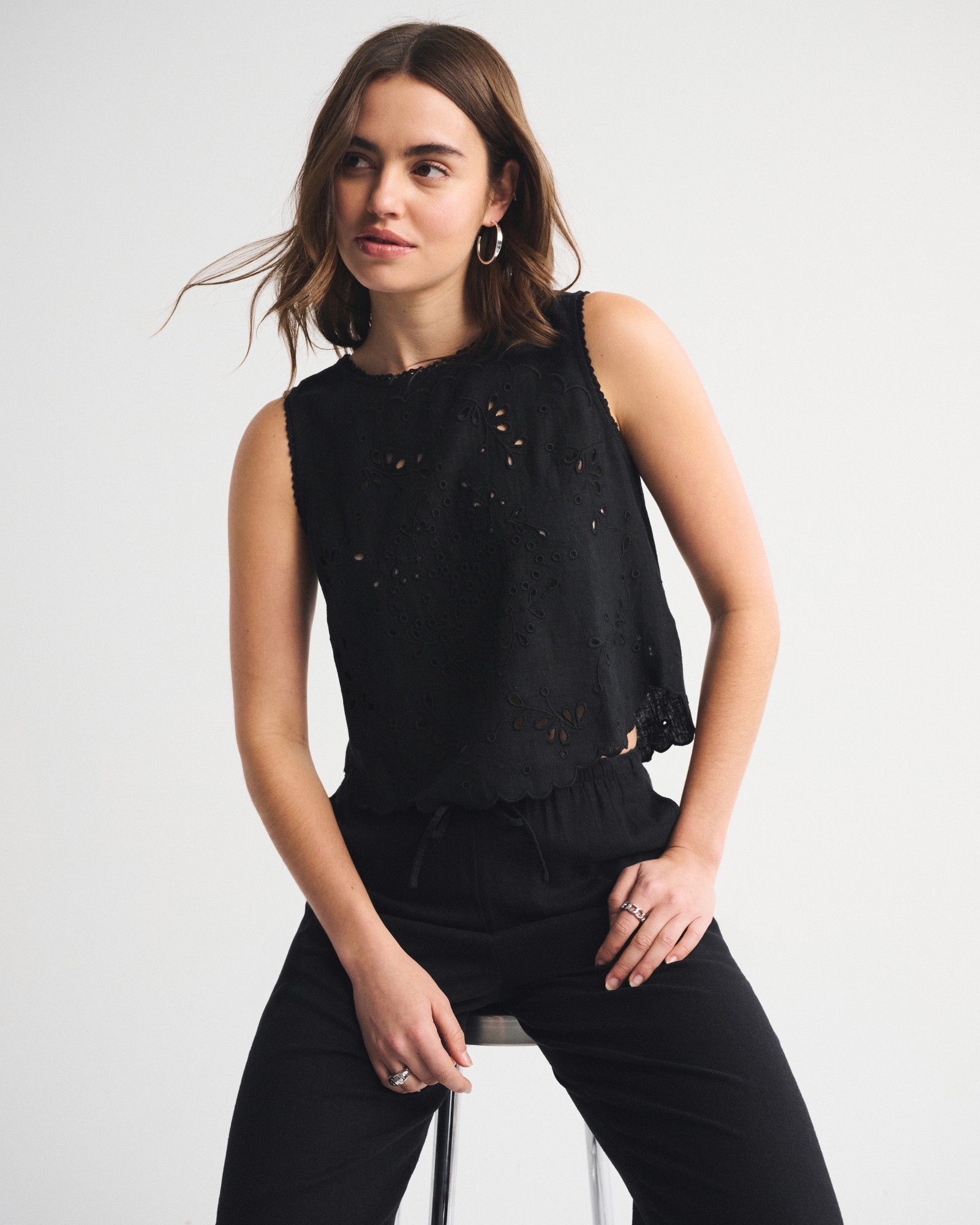 Linen-Blend Embroidered Tie-Back Shell Top