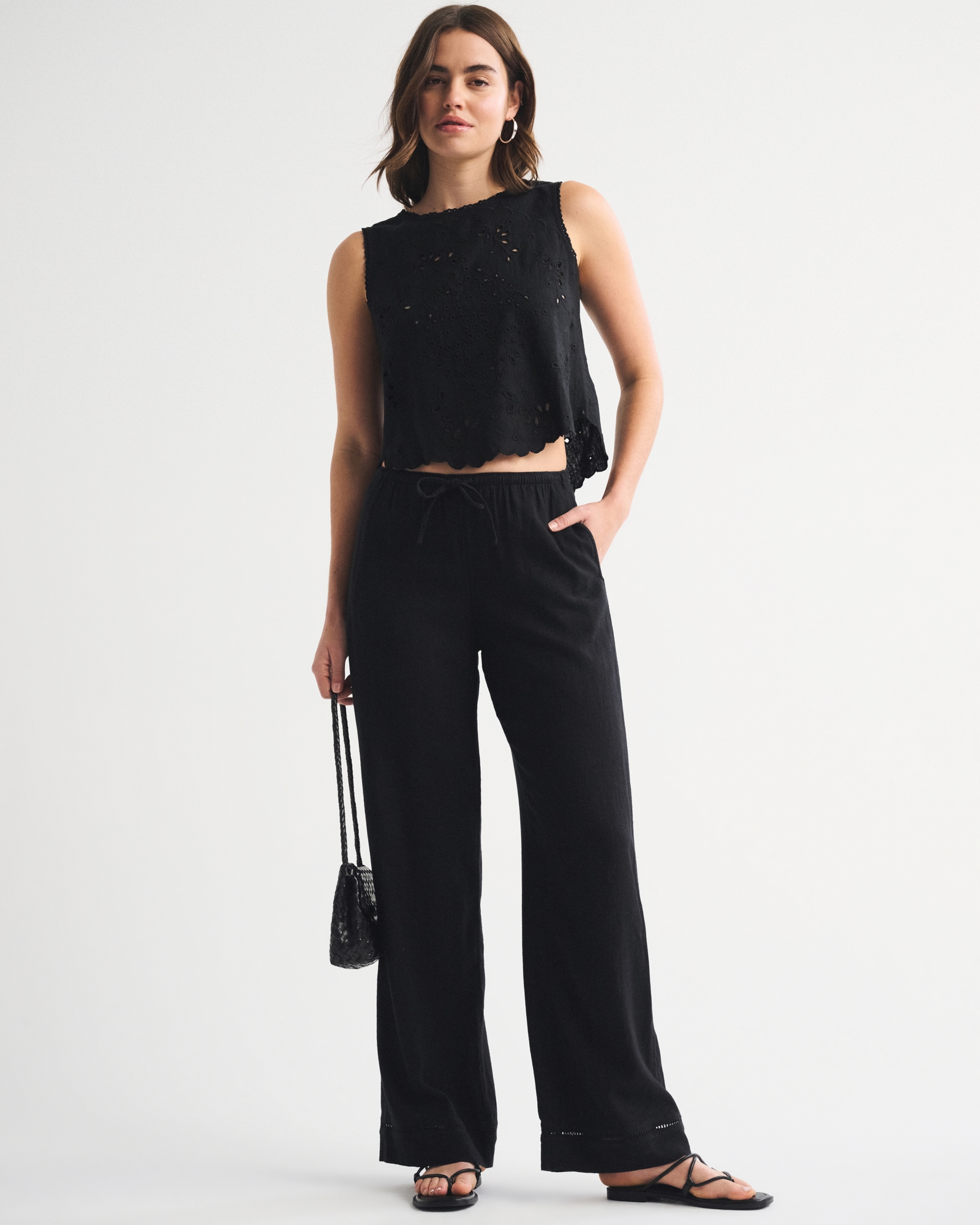 Linen-Blend Embroidered Tie-Back Shell Top